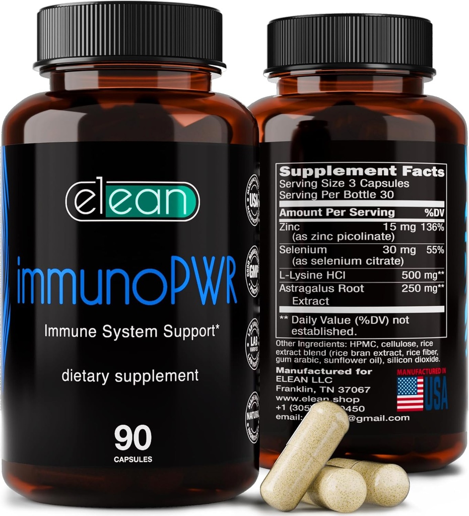ELEAN Immuno PWR - εμπλουτισμένο με ψευδάργυρο, σελήνιο, αμινο οξύ Λυσίνη και εκχύλισμα ρίζας Astragalus για σύνθεση κολλαγόνου, υγεία θυρεοειδούς, ορυκτή υποστήριξη, ενέργεια και ανοσοποιητική υγεία 90 κάψουλες Veg.