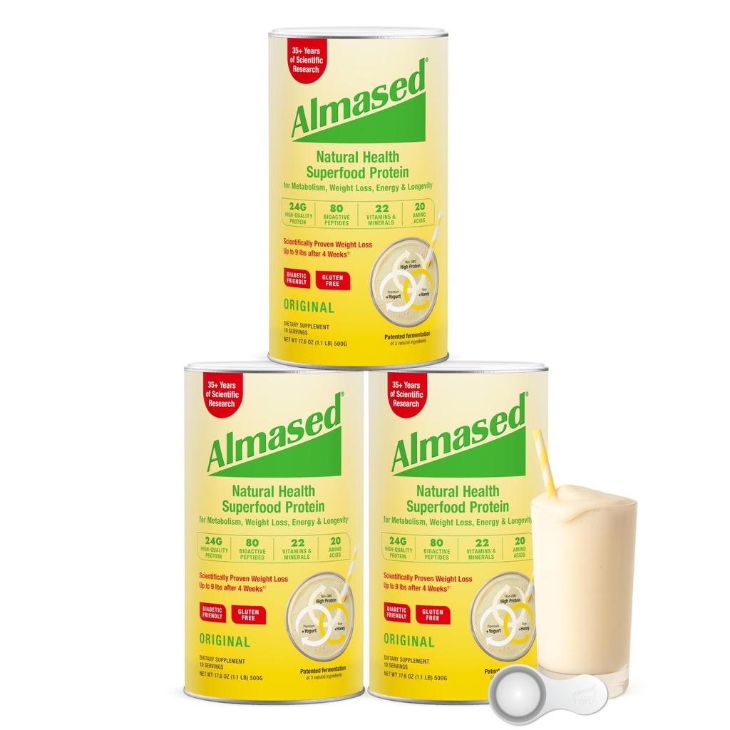 Almased Protein Powder for Weight Loss Kit for Men & Women, Φυσικό γεύμα αντικατάστασης Shake for Weight Loss, Συμπλήρωμα, 27 γραμμάρια πρωτεΐνης ανά υπηρεσία (Πρωτεϊνική Γεύση, 3 δοχεία @ 17,6 oz ea + Scoop)