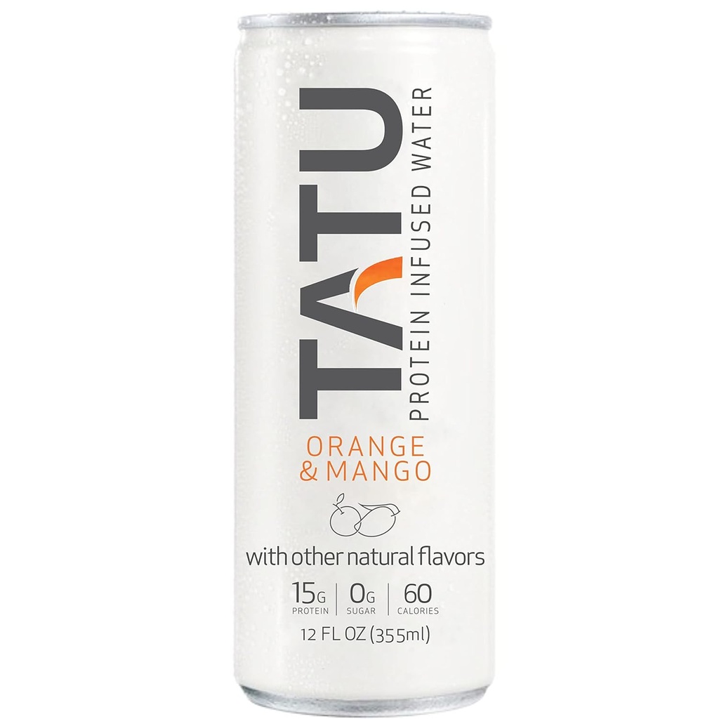 TATU Ready-To-Dink Protein Infused Water Orange Mango 4 Pack. 15 γραμμάρια πρωτεΐνης ορού γάλακτος απομονωμένη, 0 γραμμάρια ζάχαρης, μόνο 60 θερμίδες. Λέμον Τζίντζερ και Πορτοκαλί Μάνγκο. Χωρίς γλουτένη, χωρίς λακτόζη.