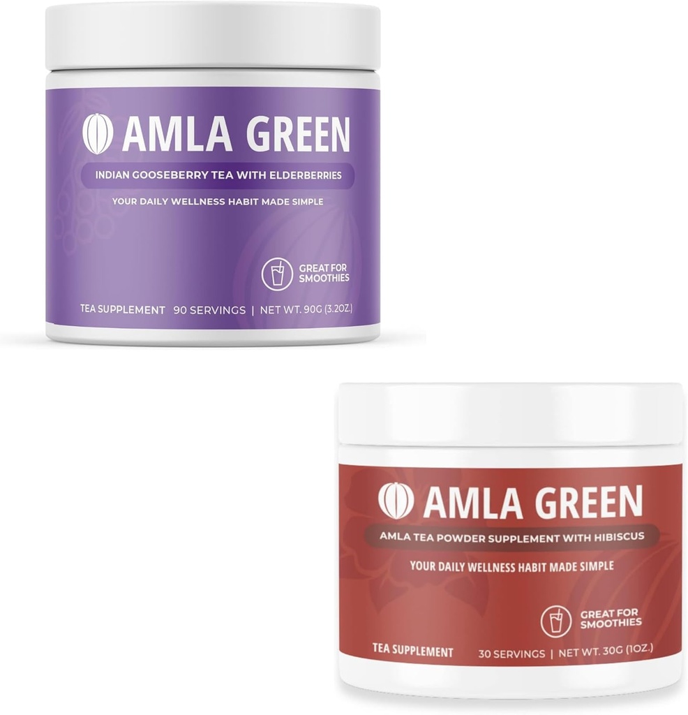 Amla Powder & Green Tea Superfood Supplement, Αντιοξειδωτική Υποστήριξη, Made with Elderberries (90 Servers) & Hibiscus (30 Services), Organic, Vegan