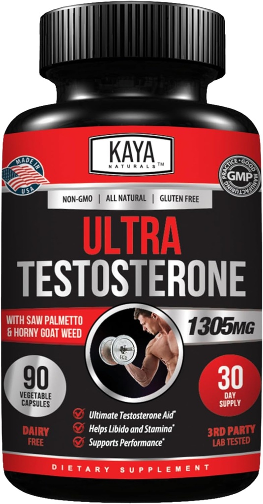 Kaya Naturals Ultra Testosterone - Ανδρικό Testosterone Booster με Tongkat Ali, Horny Goat Weed, Tribulus - Φυσικό συμπλήρωμα προπόνησης για την ενέργεια, Stamina, και δύναμη Booster - 90 Count