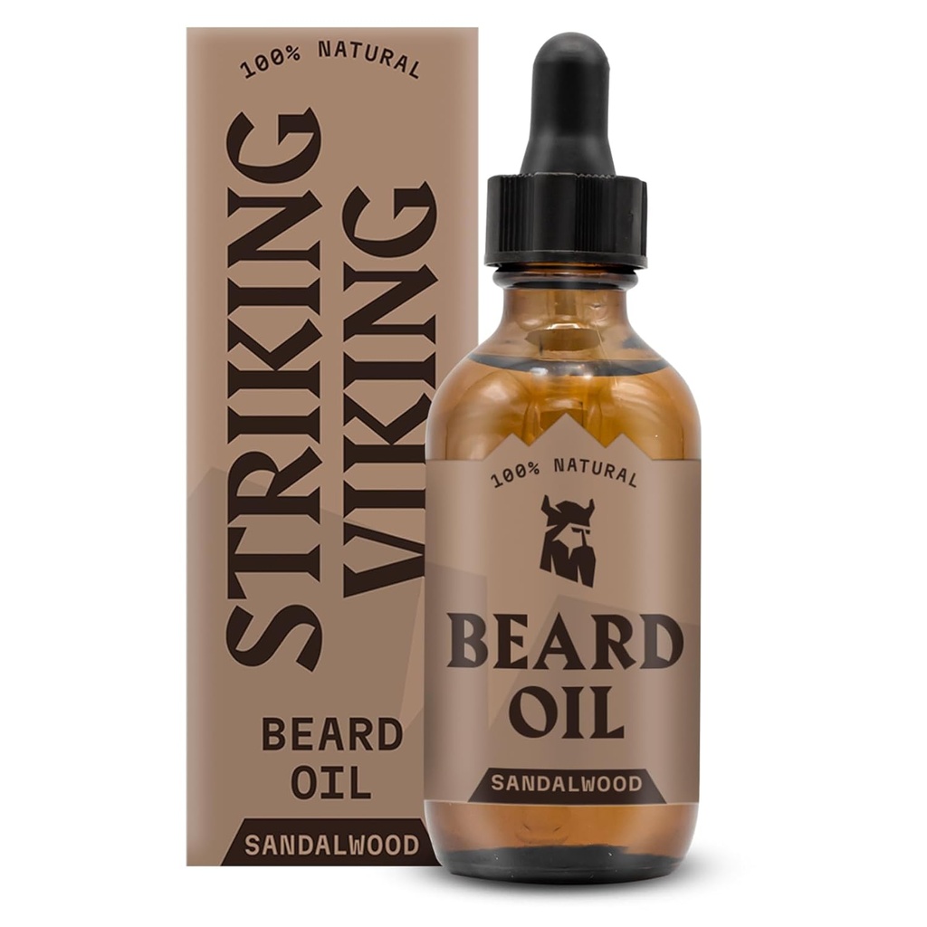 Striking Viking Sandalwood Beard Oil for Men - 2 Fl Oz, Sandalwood Scent - Φυσικό Hydrating & Softening Beard Care with Argan, Jojoba, Almond & Tea Tree - Μη-Grasy, Fast-Absorbing Formula