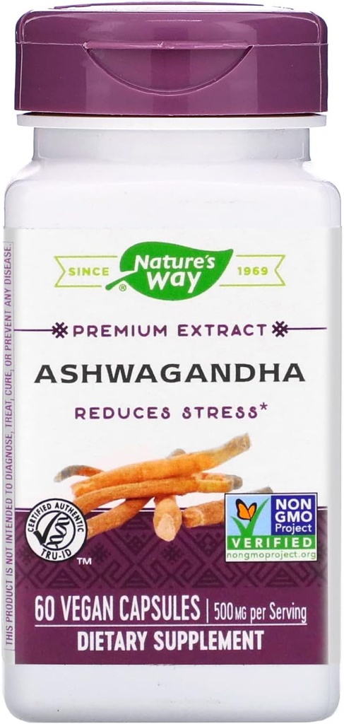 Nature's Way Ashwagandha, Μειώνει το στρες*, Premium Extract, Adaptogenic*, Μη ΓΤΟ Έργο Επαληθευμένο, Vegan, 60 Κάψουλες