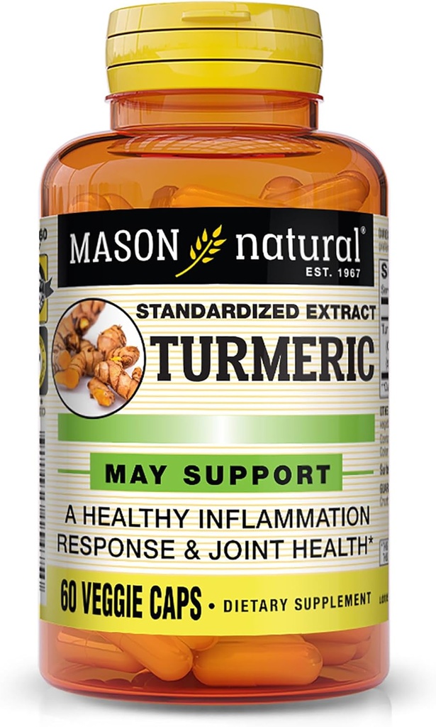 MASON NATURAL Turmeric 500 mg, with 95% Curcuminoids, Supplement for Overall Wellness & Joint Support, 60 Plant-Based Veggie Capsules