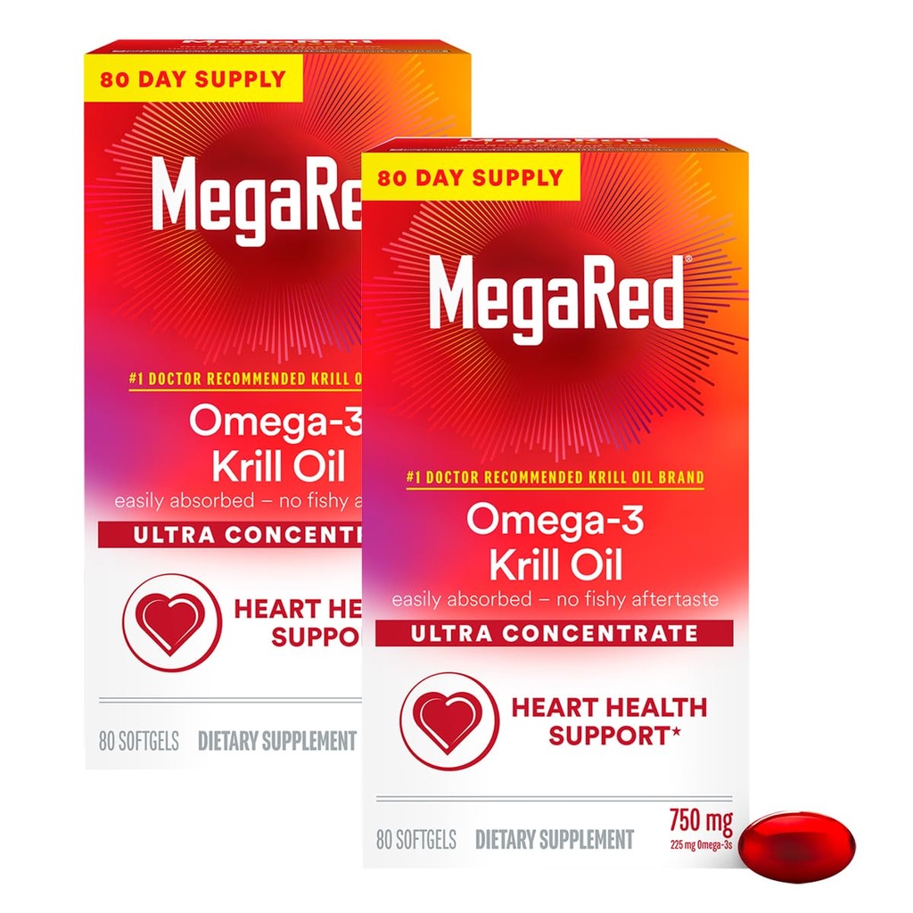 MegaRed Εξαιρετικά συμπυκνωμένο 750mg Omega-3 Krll Oil Συμπλήρωμα λιπαρών οξέων με EPA/DHA, Αντιοξειδωτική Ασταξανθίνη, Όχι Fish Oil Επίγευση Υποστηρίζει την υγεία της καρδιάς, 80 Count Softgels (2 Pack)