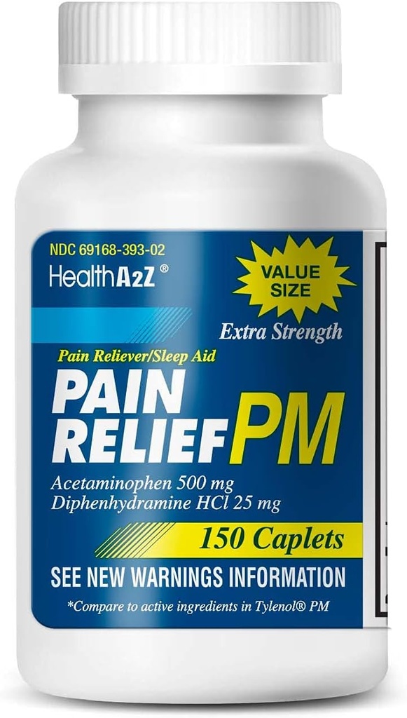 HealthA2Z® Extra Strength Pain Relief PM| Acetaminophen 500mg | Diphenhydramine 25mg | Pain Reliever & Nighttime Sleep Aid | (150 Count)