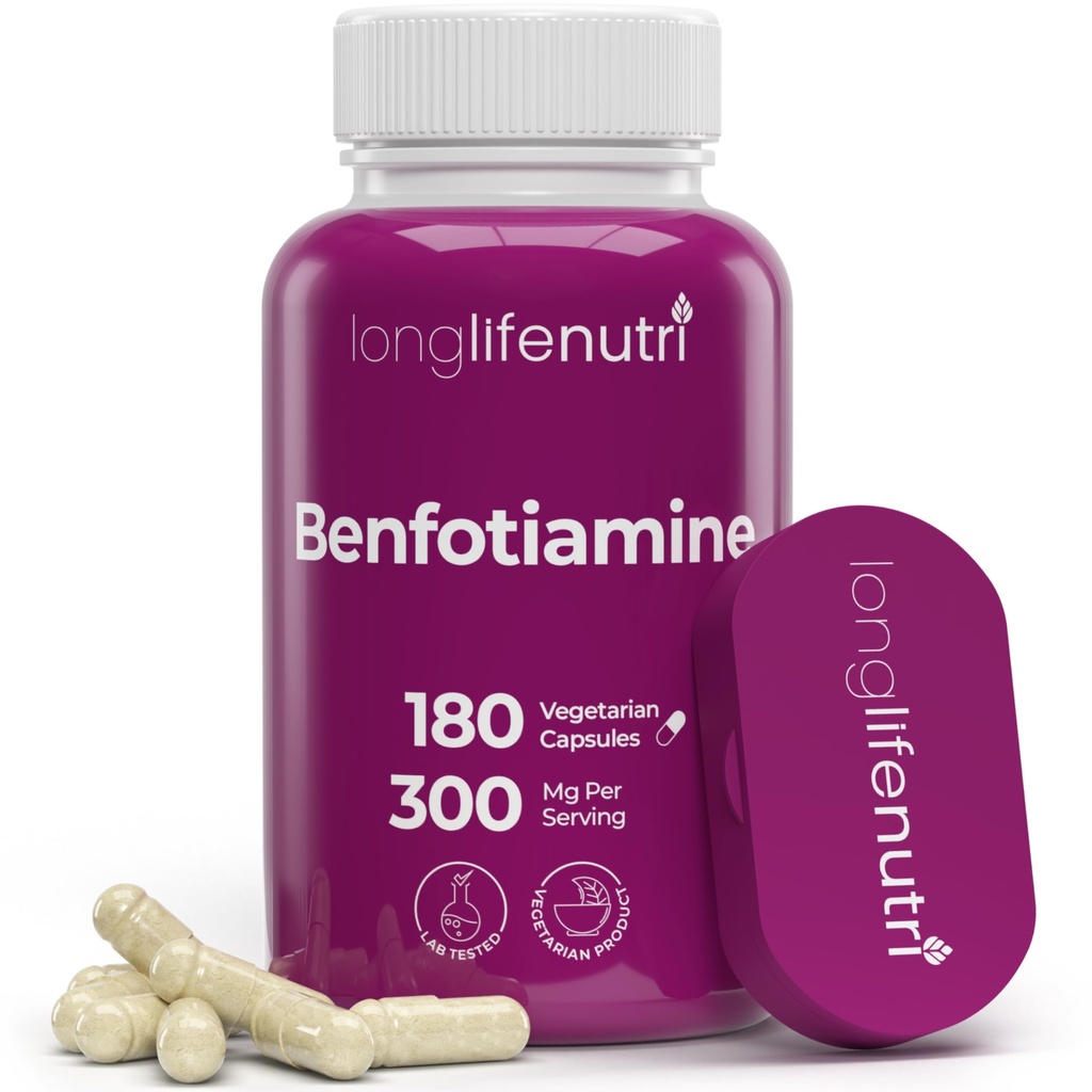 LongLifeNutri Benfotiamine 300mg – 180 κάψουλες χορτοφάγων, 6-μηνιαία προσφορά, λίπος-διαλυτή B1 συμπλήρωμα θειαμίνης για την ενέργεια και την ευεξία, εργαστήριο δοκιμαστεί, Κατασκευάζεται στις ΗΠΑ