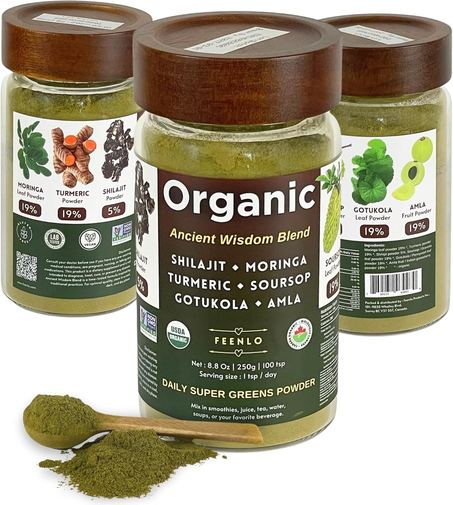 Βιολογικά μη ΓΤΟ Moringa, Shilajit, Turmeric, Soursop, Gotukola, και Amla Green Juice Blend σκόνη, 3-μηνιαία προμήθεια
