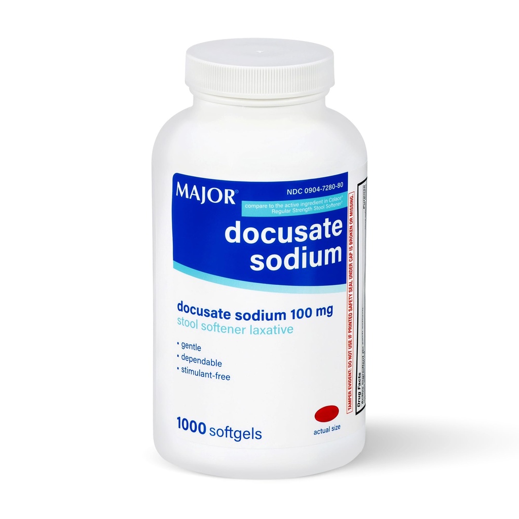 MAJOR Docusate Sodium 100mg, Αποσκληρυντής Στολών Laxative for Occasional Constipation Relief - Απαλό, αξιόπιστο, χωρίς διεγερτικό, 1000 Softgels