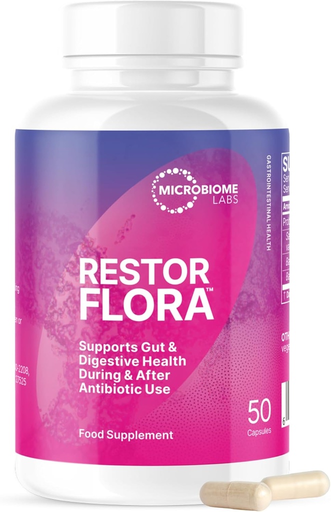 Microbiome Labs Restorflora Probiotics for Digestive Health - Συμπληρώματα υγείας με διπλή δράση Probiotics για γυναίκες, άνδρες & παιδιά 5+ - Υποστήριξη Bowel Κανονικότητα & Ανοσολογική λειτουργία (60 κάψουλες)