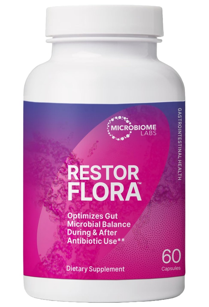 Microbiome Labs Restorflora Probiotics for Digestive Health - Gut Health Supplements with Dual Action Probiotics for Women & Men - Support Bowel Regularity & Immune Function (60 Capsules)