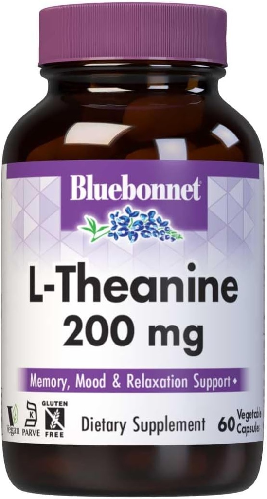 Bluebonnet Nutrition L-Theanine 200mg, Free-Form Amino Acid, προάγει την χαλάρωση*, χωρίς σόγια, χωρίς γλουτένη, μη GMO, Kosher Certified, Vegan, 60 κάψουλες λαχανικών, 60 εξυπηρετούν
