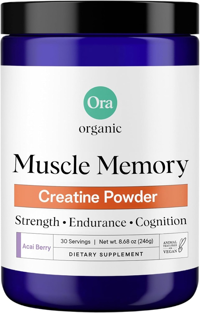 Ora Organic Creatine Monohydrate Powder - German-Sourced Creavitalis for Strength, elevATP for Energy, D-Ribose & Taurine for Recovery - Creatine for Women & Men - Acai Berry Flavor, 30 Υπηρεσίες