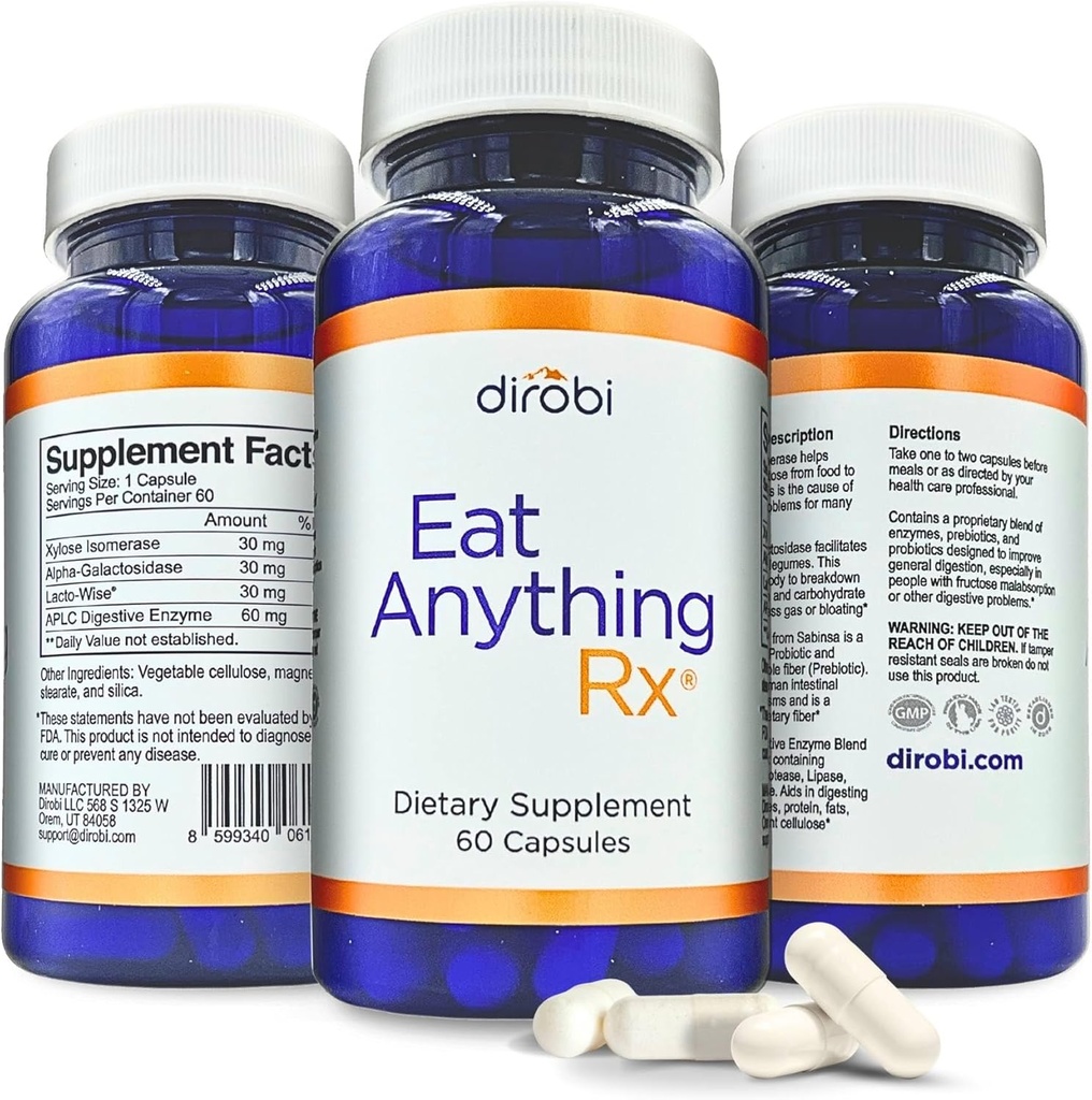 Dirobi Φάε οτιδήποτε Ξυλόζη Ισομεράση Fructose Μαλαπορρόφηση Ένζυμα, FODMAP συμπλήρωμα, Digestive Ένζυμα για καλύτερη λακτόζη, λίπος, πρωτεΐνες & υδατάνθρακες Αέριο διύλισης & Bloating Relief 60 Κάψουλες