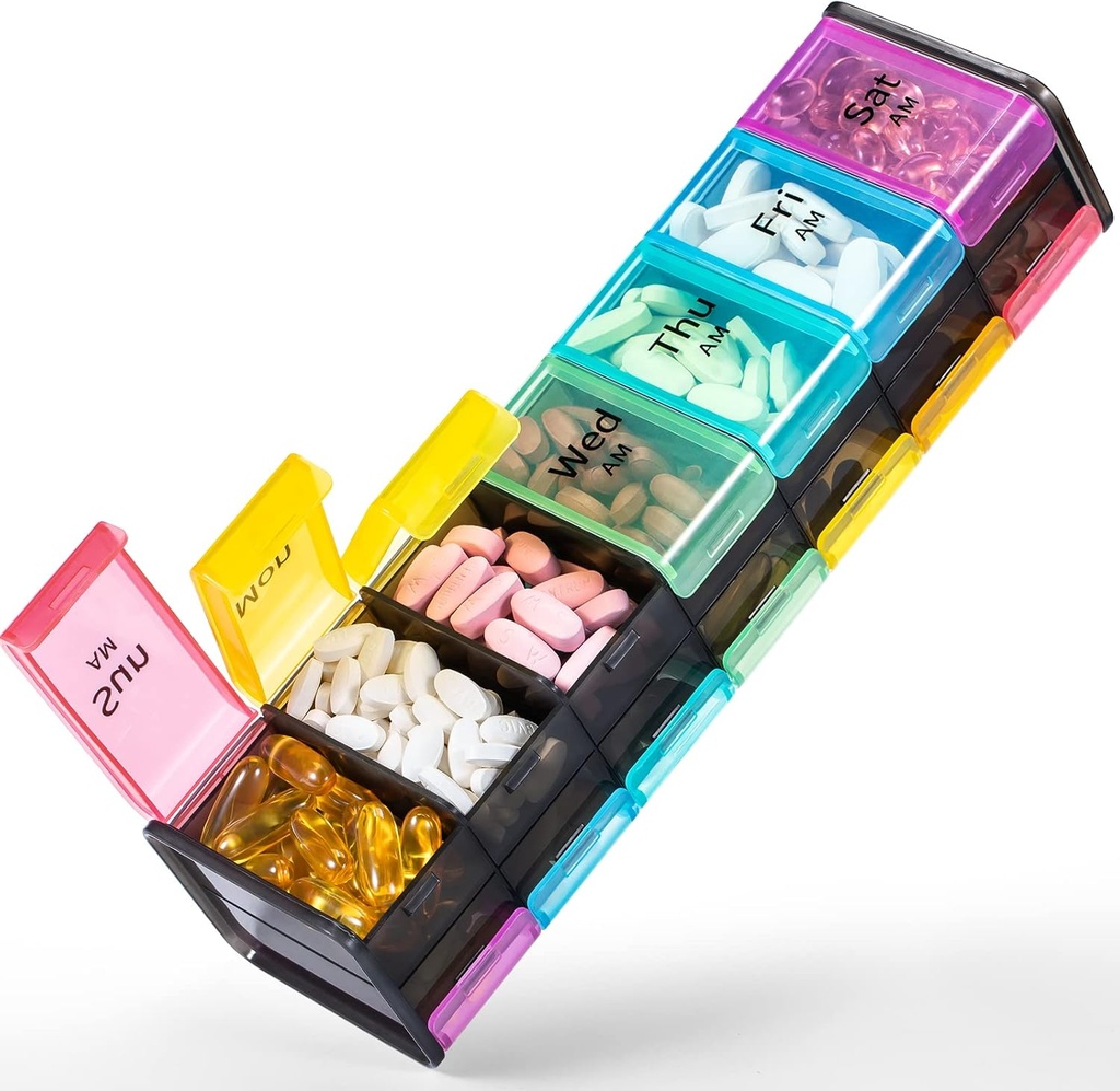 Extra Large Weekly Pill Organizer 2 Times a Day - Betife 7 Day Pill Box, AM PM Pill Case with Double Layer Jumbo Compartment for Pills, Vitamin, Fish Oil, Supplements (Rainbow)