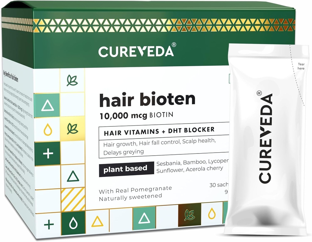 Cureveda Curveda Grow Plant Based Biotin 10000 Mcg Συμπλήρωμα σκόνης για Unisex, Οφέλη Υγιεινή Scalp και την ανάπτυξη των μαλλιών, Όχι Προστιθέμενη ζάχαρη, Φυσικό άρωμα Ρόδι 150 g (πακέτο του 1) Grow-1
