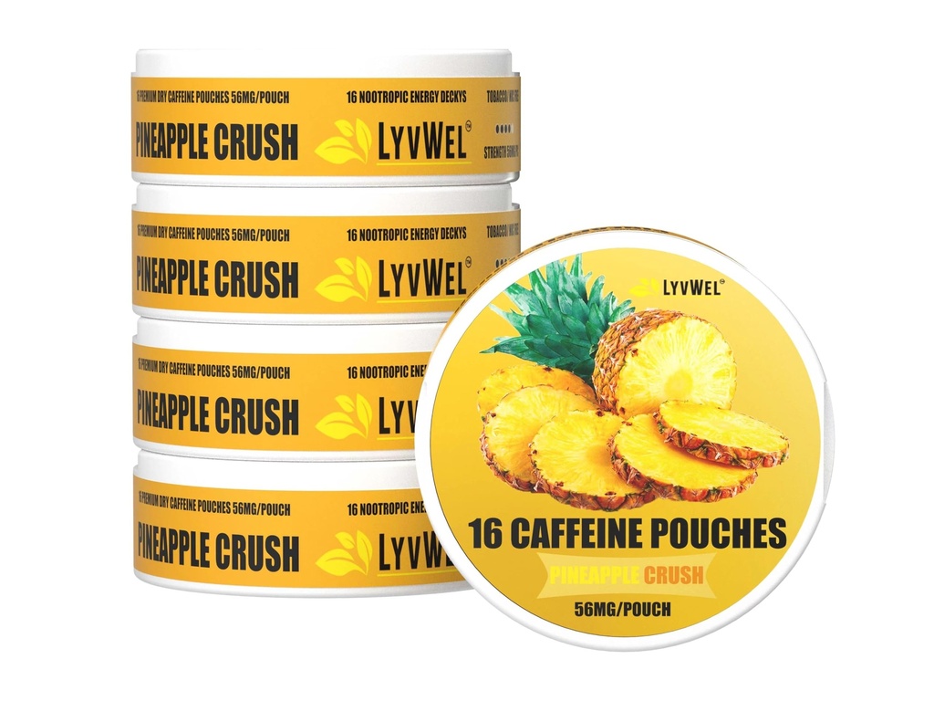 LyvWel 56mg Caffeine Energy Pouches – Ανανά – Καθαρή ενέργεια & Focus Boost με Guarana – 5-Pack με 16 Pouchs Per Can (80 Total Pouches)