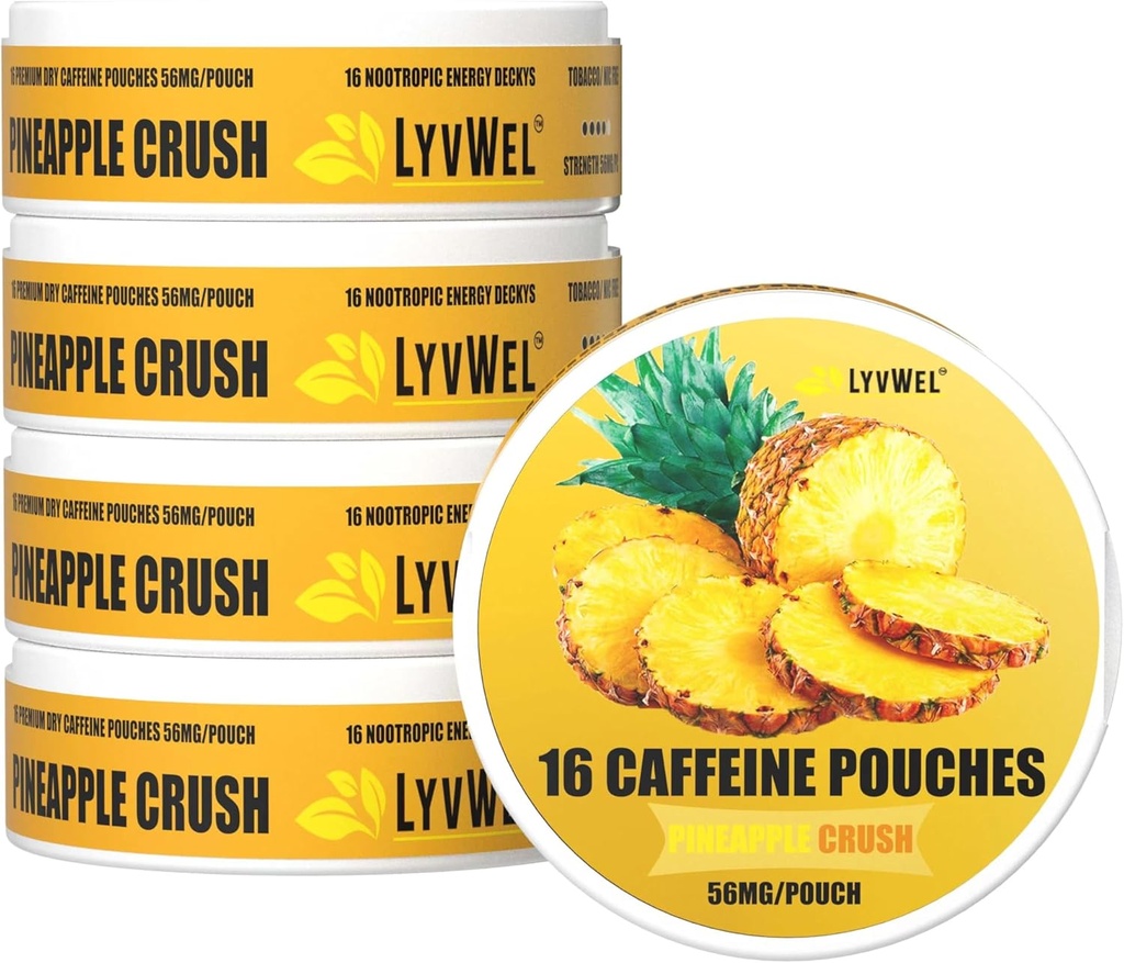 LyvWel 56mg Caffeine Energy Pouches – Ανανά – Καθαρή ενέργεια & Focus Boost με Guarana – 5-Pack με 16 Pouchs Per Can (80 Total Pouches)