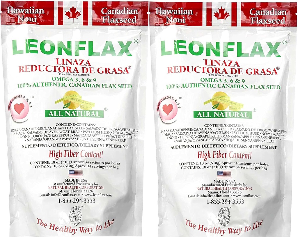 Leonflax 100% Αυθεντική καναδική σκόνη σπόρων λιναριού, όλα φυσικά, υψηλής περιεκτικότητας σε ίνες, συμπλήρωμα διατροφής για τη βελτίωση της πυγμής υγείας σας, Ωμέγα 3, 6 & 9, 18 Oz, τσάντα (1) (2)
