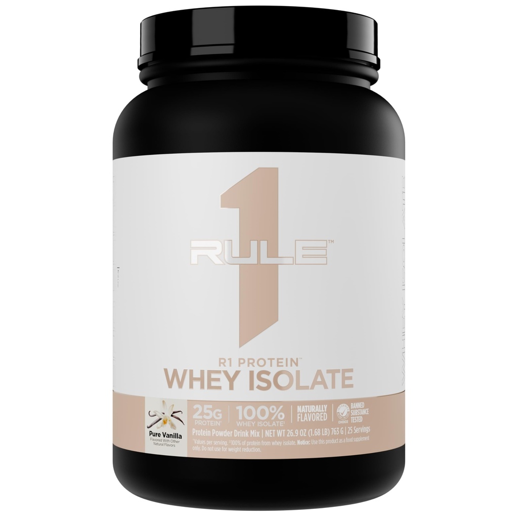 Rule 1 Naturally Flavored R1 Protein - Pure Whey Isolate and Hydrolyzed Whey Isolate Protein Powder with Natural Flavors, 25g Protein, & 6g BCAAs Per Serving (1.7 Pounds, Pure Vanilla)