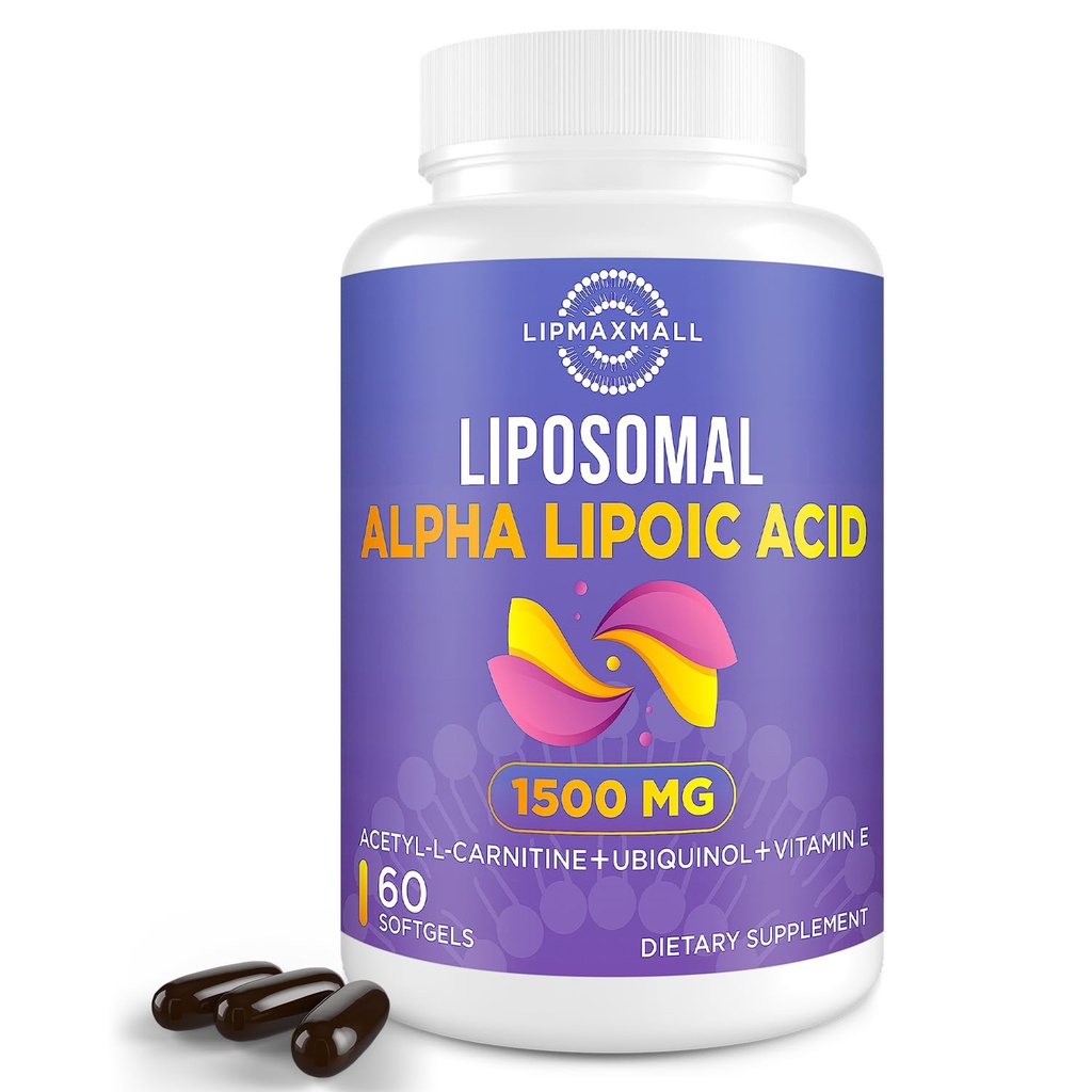 Λιποσωμικό Άλφα Λιποϊκό οξύ 1500mg-με Ακετυλο-L-καρνιτίνη 900mg& Ουμπικινόλη 100mg& Βιταμίνη Ε 15mg, ALA Συμπλήρωμα για αντιοξειδωτικά Γλυκόζη Μεταβολισμός Νεύρα Ενέργεια Καρδιαγγειακό,60 Softgels