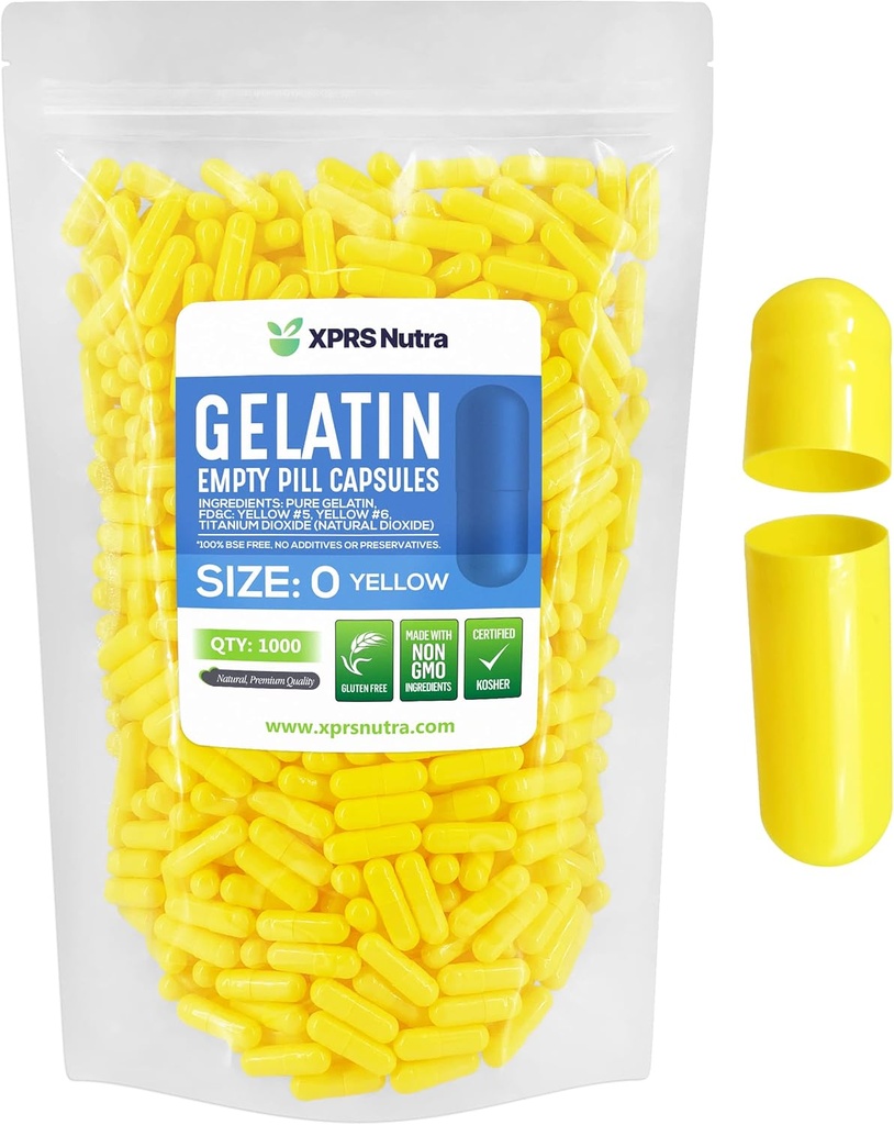 XPRS Nutra Μέγεθος 0 Κενές κάψουλες - 1000 Κάψουλες της Ζελατίνης - Χάπια DIY Κάλυμμα καψακίων - Καθαρά Καπάκια τζελ για το Do-It-Yourself Συμπληρώματα (Κίτρινα)