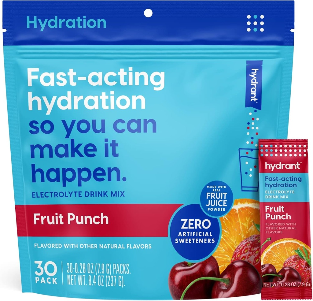 HYDRANT - Hydration Powder, Fruit Punch Flavor, 30 Individually Instant Electrolyte Rehydration Packets - Χαμηλή περιεκτικότητα σε ζάχαρη για καθημερινή χρήση, ταξίδια και προπονήσεις