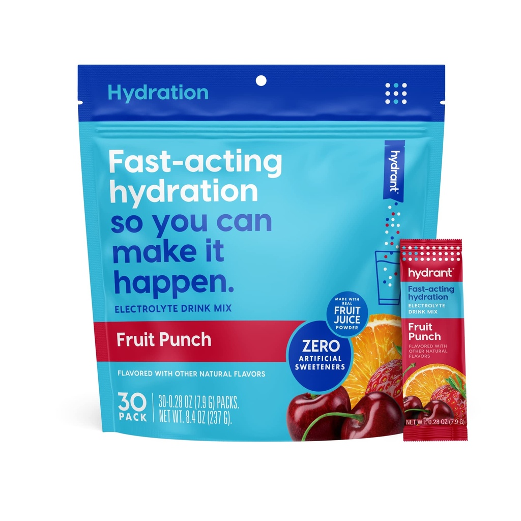HYDRANT - Hydration Powder, Fruit Punch Flavor, 30 Individually Instant Electrolyte Rehydration Packets - Χαμηλή περιεκτικότητα σε ζάχαρη για καθημερινή χρήση, ταξίδια και προπονήσεις