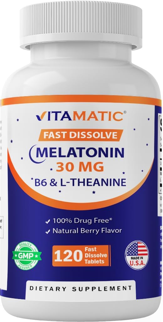 Vitamatic Melatonin 30 mg - με B6 & L- Theanine - 120 δισκία ταχείας διάλυσης με Φυσικό Berry Flavor (2 δισκία Δόση = Μελατονίνη 60 mg) (120 Count (Pack of 1))