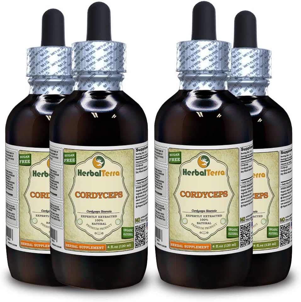 Cordyceps (Cordyceps Sinensis) Βάμμα, Βιολογικό Αποξηραμένο Υγρό Εκχύλισμα Σκόνης Μανιταριών (Όνομα: HerbalTerra, Περήφανα Κατασκευασμένο στις ΗΠΑ) 4x4 fl.oz (4x120 ml)