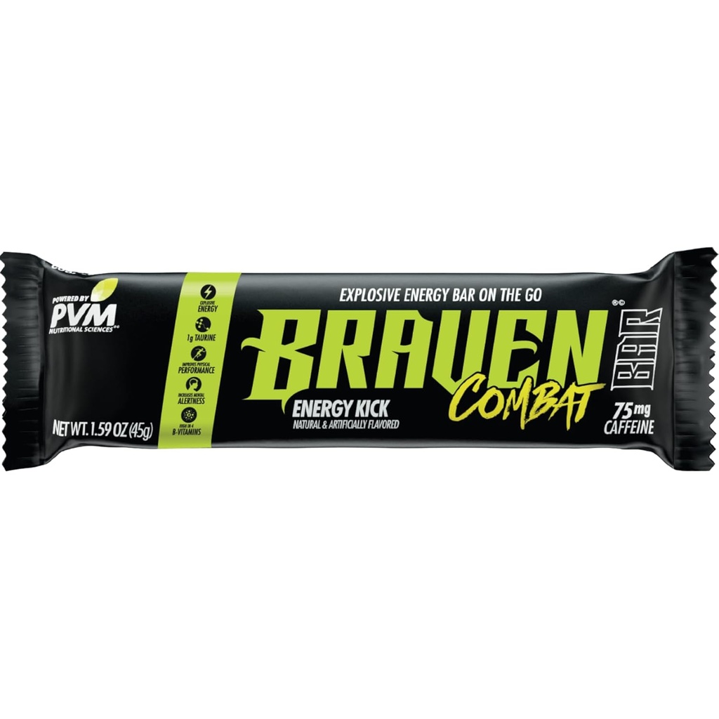 Braven Combat Energy Kick Energy Bars with Caffeine (1.59 oz, Pack of 20) – On-The-Go Energy Bars with 75mg Caffeine – Gluten Free Energy Snacks – Alternative to Energy Chews with Caffeine