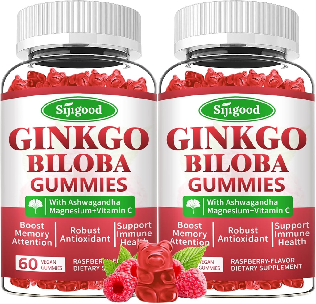 2 Πακέτο Ginkgo Biloba Gummies με Panax Ginseng και μαγνήσιο, Ginkgo Biloba Συμπληρώματα για Εστίαση, Μνήμη και Εγκεφαλική Υγεία για Ενήλικες & Παιδιά, Vegan Raspberry Flavor Gummies, 120 Count