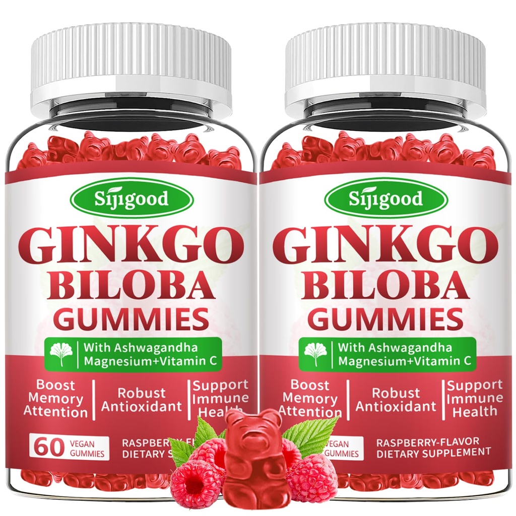 2 Pack Ginkgo Biloba Gummies with Panax Ginseng and Magnesium, Ginkgo Biloba Supplements for Focus, Memory, and Brain Health for Adults & Kids, Vegan Raspberry Flavor Gummies, 120 Count