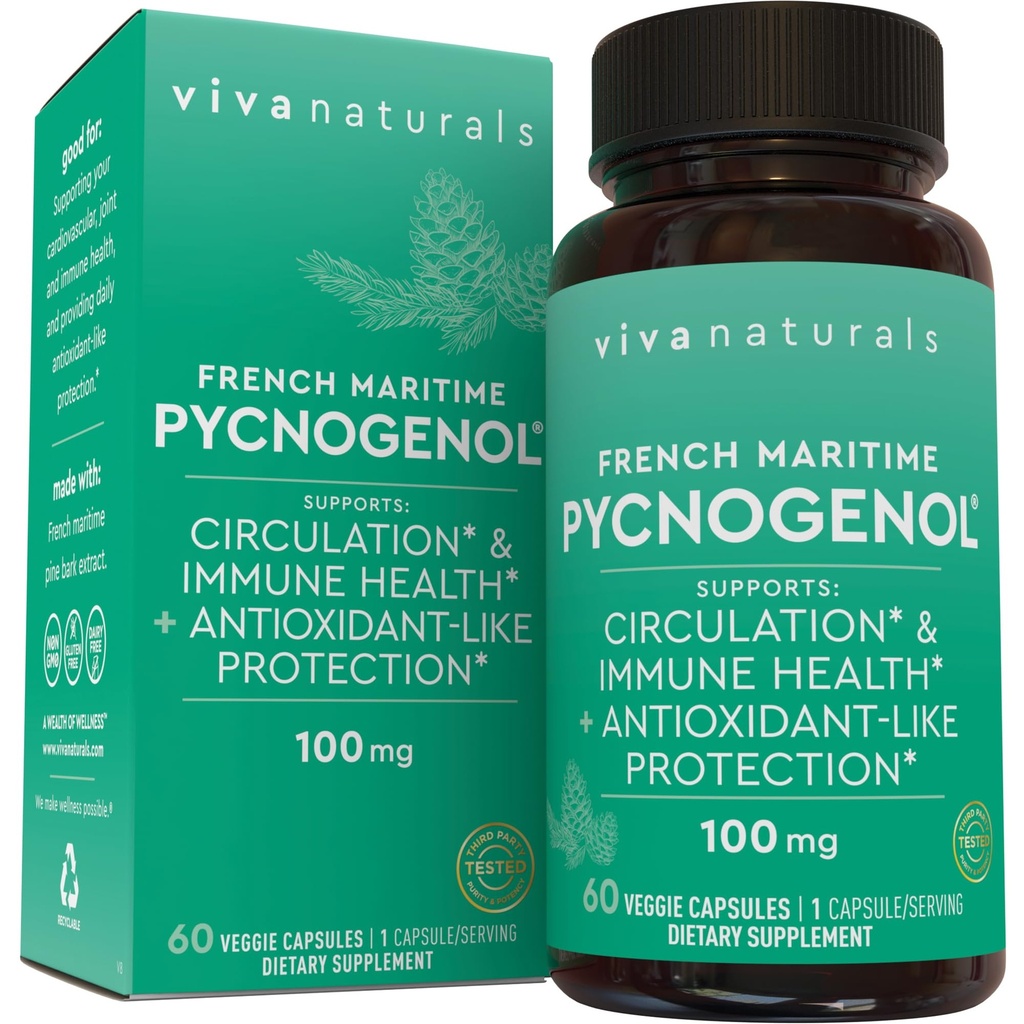 Viva Naturals Pycnogenol - 100mg Γαλλικό εκχύλισμα Maritime Pine Bark – Υποστηρίζει την κυκλοφορία, αντιοξειδωτική δραστηριότητα, αρθρώσεις & ανοσοποιητική υγεία και λειτουργία – 60 κάψουλες Veggie