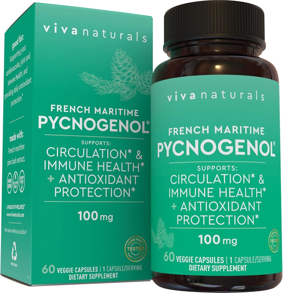 Viva Naturals Pycnogenol - 100mg French Maritime Pine Bark Extract – Supports Circulation, Antioxidant-Like Activity, Joints & Immune Health and Function – 60 Veggie Capsules
