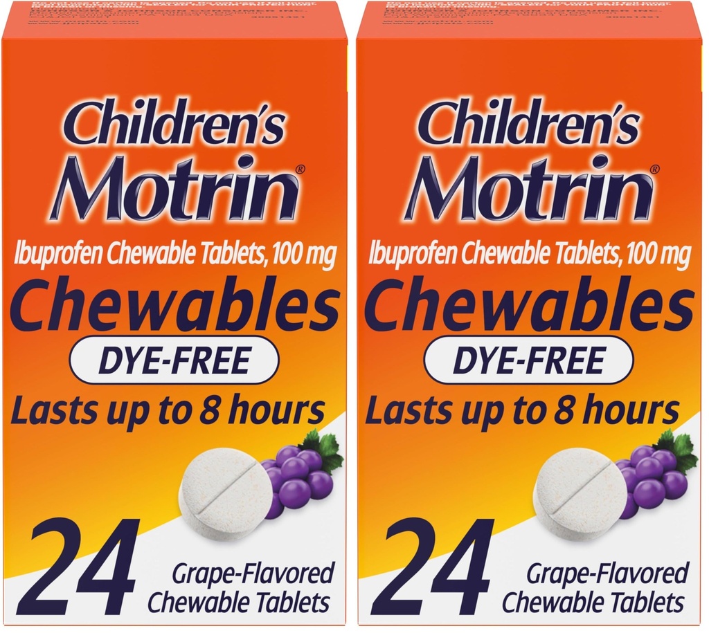Motrin Παιδική Βαφή- Δωρεάν Ibuprofen Μασώμενα δισκία για τον πόνο & τον πυρετό, Σταφύλι, 24 Count (Pack of 2)
