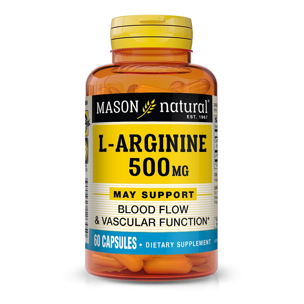 MASON NATURAL L-αργινίνη 500 mg με Ασβέστιο- Υποστηρίζει Υγιεινή Κυκλοφορία & Αγγειακή λειτουργία, Συμπλήρωμα οξειδίου του αζώτου, 60 κάψουλες
