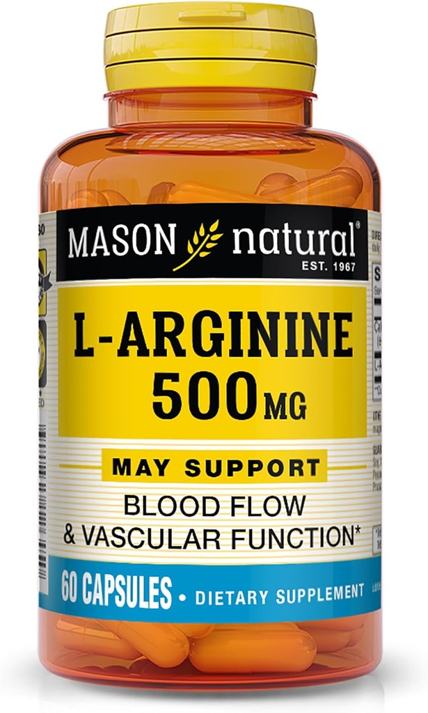 MASON NATURAL L-αργινίνη 500 mg με Ασβέστιο- Υποστηρίζει Υγιεινή Κυκλοφορία & Αγγειακή λειτουργία, Συμπλήρωμα οξειδίου του αζώτου, 60 κάψουλες