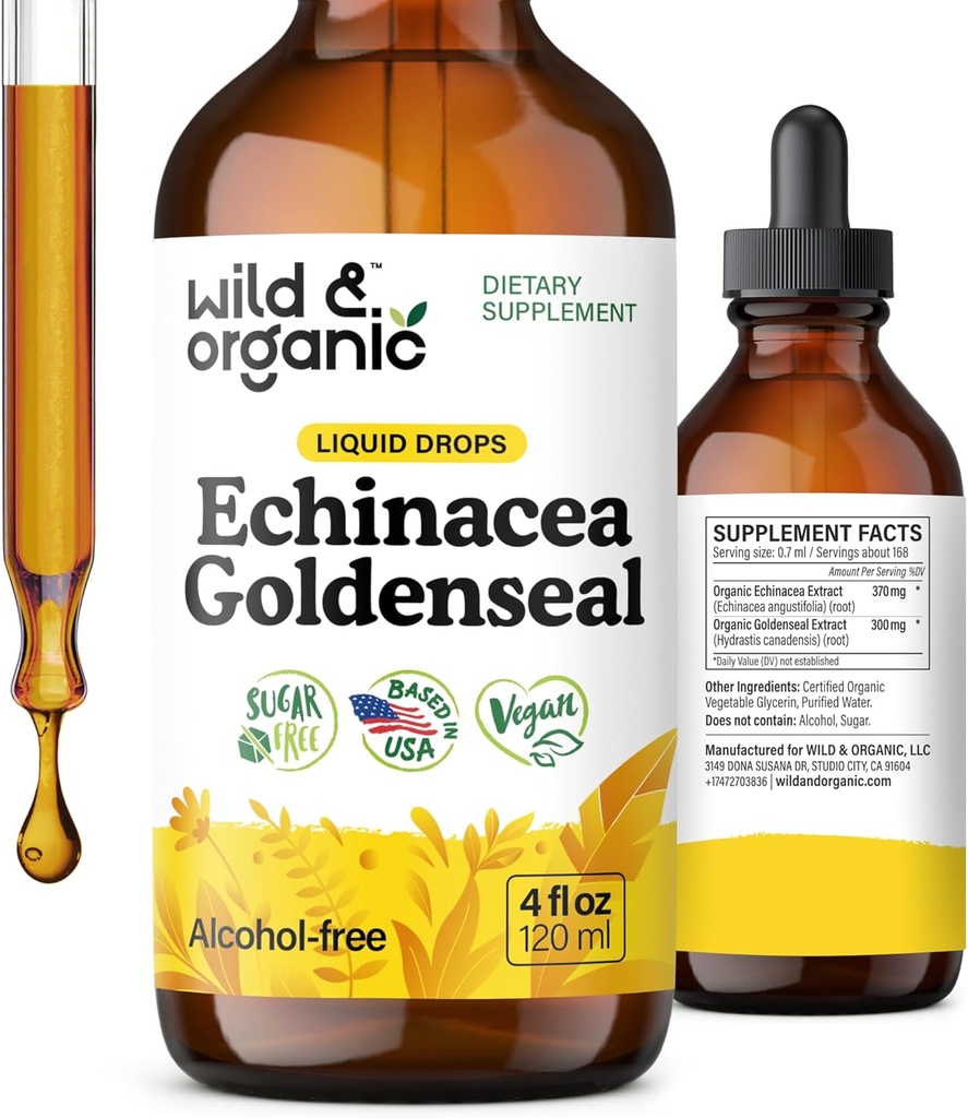 Wild & Organic Echinacea Goldenseal Tincture - Immune Support Drops with Echinacea and Goldenseal Root Extract - Vegan, Sugar & Alcohol-Free Liquid Supplement - 4 fl oz