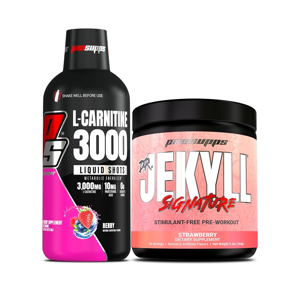 ProSupps L-Carnitine 3000 Liquid Shots & Dr. Jekyll Pre-Workout Bundle | Stimulant Free Liquid Shots (Berry) and Intense Focus, Energy, & Pumps Pre-Workout Powder (Strawberry)