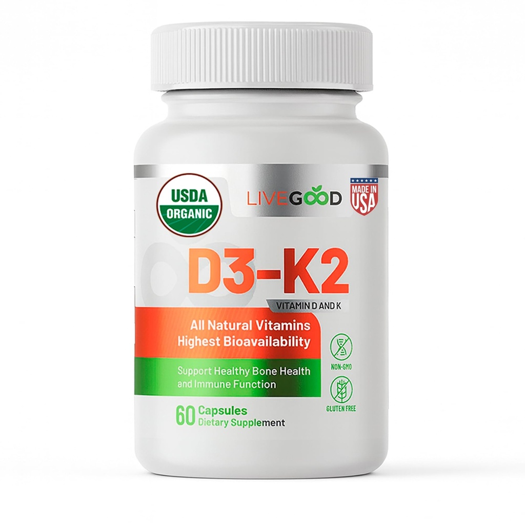 LIVEGOOD Organic D3 K2 Supplement 2000 IU, Vegan Capsules with MK-7, Pure Vitamin D3 with K2 for Immune, and Bone Support Made in the USA Organic D3 K2 Formula (60 Count)