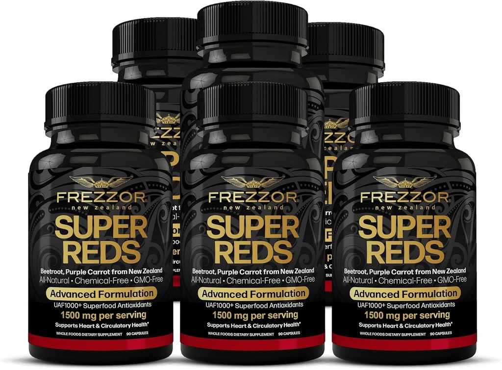Κάψουλες FREZZOR Super Reds με UAF1000+, All-Natural New Zealand Red Superfood Energy, Essential Red Fruits Veggies& Beets, Antioxidants, Enzymes, Ενεργειακά Συμπληρώματα, 540 Κάψουλες, 6 Φιάλες
