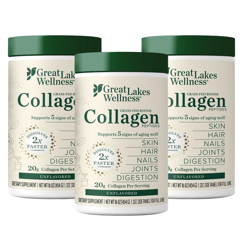 Great Lakes Wellness Collagen Peptides Powder for Skin, Hair, Nails, Joints & Digestion - Unflavored - Γρήγορη διάλυση Hydrolyzed, Non-GMO, Keto, Kosher - 16 oz - 3 Pack