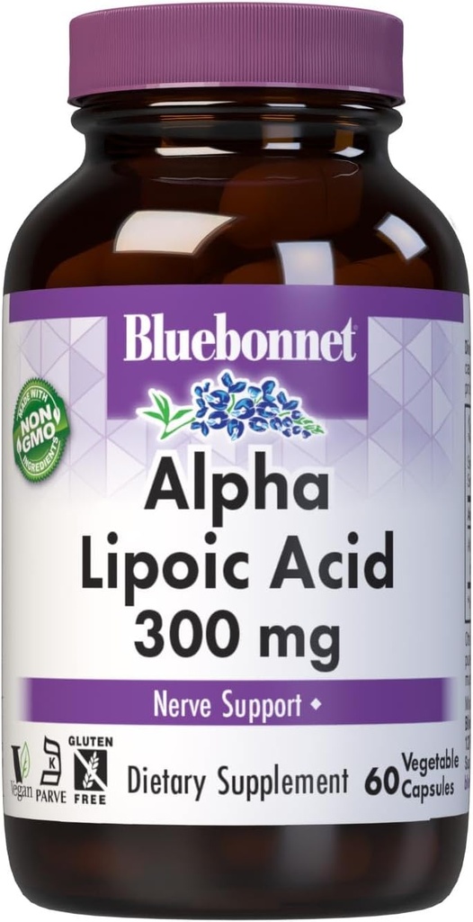 BlueBonnet Alpha Lipoic Acid 300mg - Ισχυρό αντιοξειδωτικό συμπλήρωμα υποστήριξης για γυναίκες & άνδρες - μη ΓΤΟ, Vegan, Kosher - Χωρίς γλουτένη, χωρίς σόγια, χωρίς γαλακτοκομικά - 60 κάψουλες λαχανικών