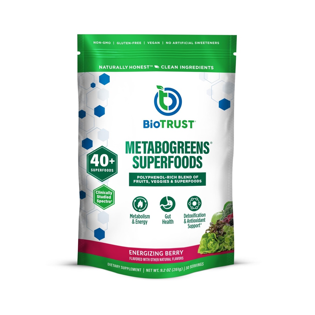 BioTrust Metabo Greens Superfood Powder - Super Greens Powder, Fruit & Veggie Blend with Clinically Studied Spectra - Μη ΓΤΟ, Χωρίς σόγια, Χωρίς γλουτένη, Χωρίς γαλακτοκομικά, Ενεργοποιώντας άρωμα μούρου (30 μερίδες)