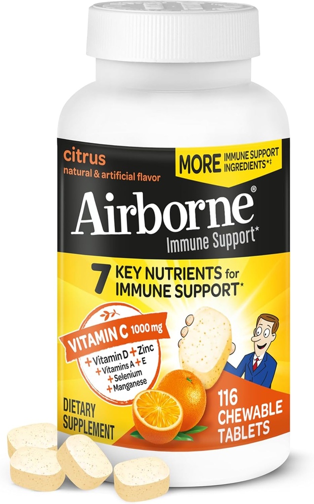 Airborne Vitamin C 1000mg (ανά σερβίρισμα) - Citrus Chewable Tablets (116 Count in a Bottle), Συμπλήρωμα Ανοσολογικής Υποστήριξης χωρίς γλουτένη, με Βιταμίνες A C E, Ψευδάργυρο, Σελήνιο, Echinacea, Ginger, Αντιοξειδωτικά