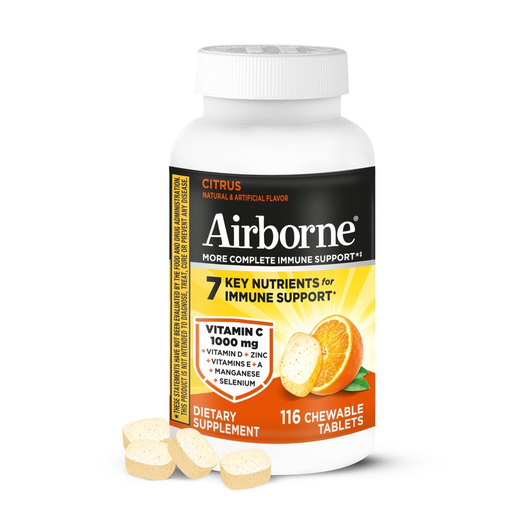 Airborne Vitamin C 1000mg (ανά σερβίρισμα) - Citrus Chewable Tablets (116 Count in a Bottle), Συμπλήρωμα Ανοσολογικής Υποστήριξης χωρίς γλουτένη, με Βιταμίνες A C E, Ψευδάργυρο, Σελήνιο, Echinacea, Ginger, Αντιοξειδωτικά