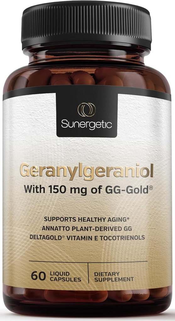 Συμπλήρωμα γερανυλογερανιόλης Sunergetic Premium - GG-Gold 150mg με DeltaGold Vitamin E Tocotrienols- Annatto Derived GG για τους χρήστες στατίνης, Heart Health & CoQ10 Παραγωγή - 60 κάψουλες