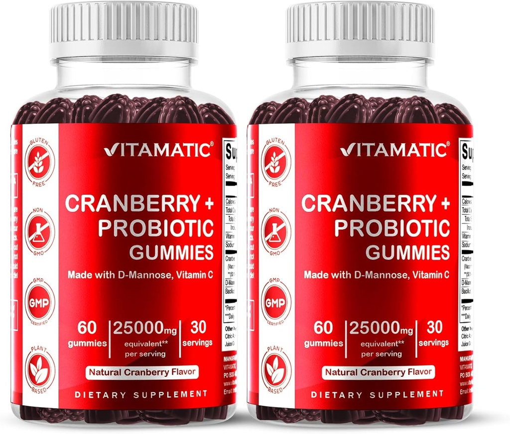 Vitamatic 2 Pack Vegan Cranberry Gummies με D- Mannose, Probiotic & Βιταμίνη C για τις γυναίκες ούρα Φυλλαδική Υγεία - 25000mg Ισοδύναμο ανά υπηρεσία (από 50:1 Extract 500 mg) - 60 Count