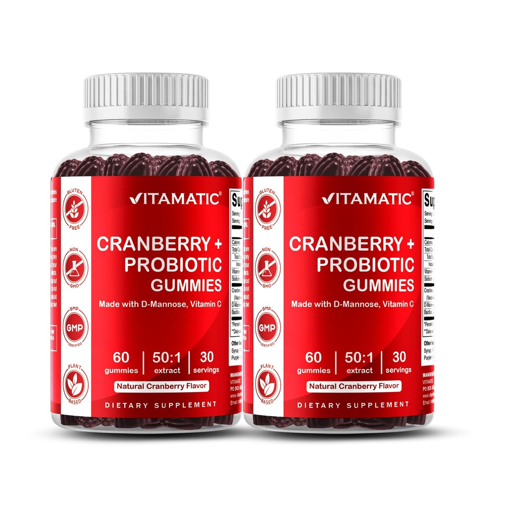 Vitamatic 2 Pack Vegan Cranberry Gummies με D- Mannose, Probiotic & Βιταμίνη C για τις γυναίκες ούρα Φυλλαδική Υγεία - 25000mg Ισοδύναμο ανά υπηρεσία (από 50:1 Extract 500 mg) - 60 Count
